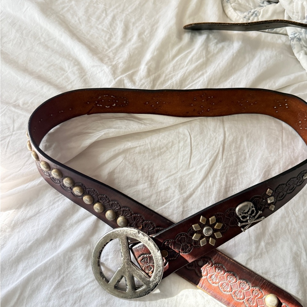 Brown Leather Belt with Peace Sign Buckle